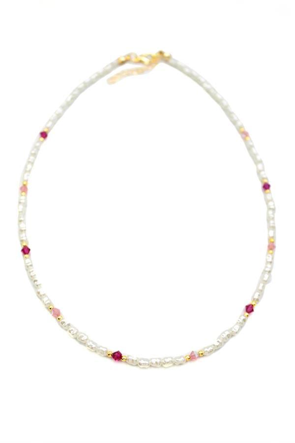Renkli Boncuklu İnci Kolye - Fuşya