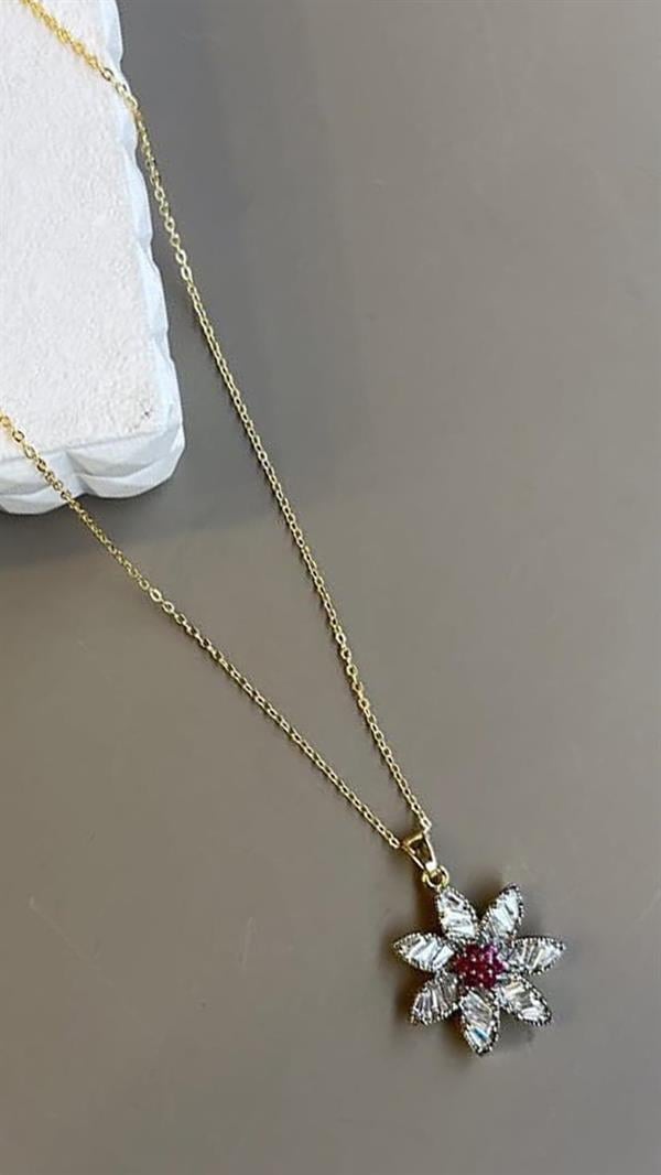 Taşlı Çiçek Kolye - Altın