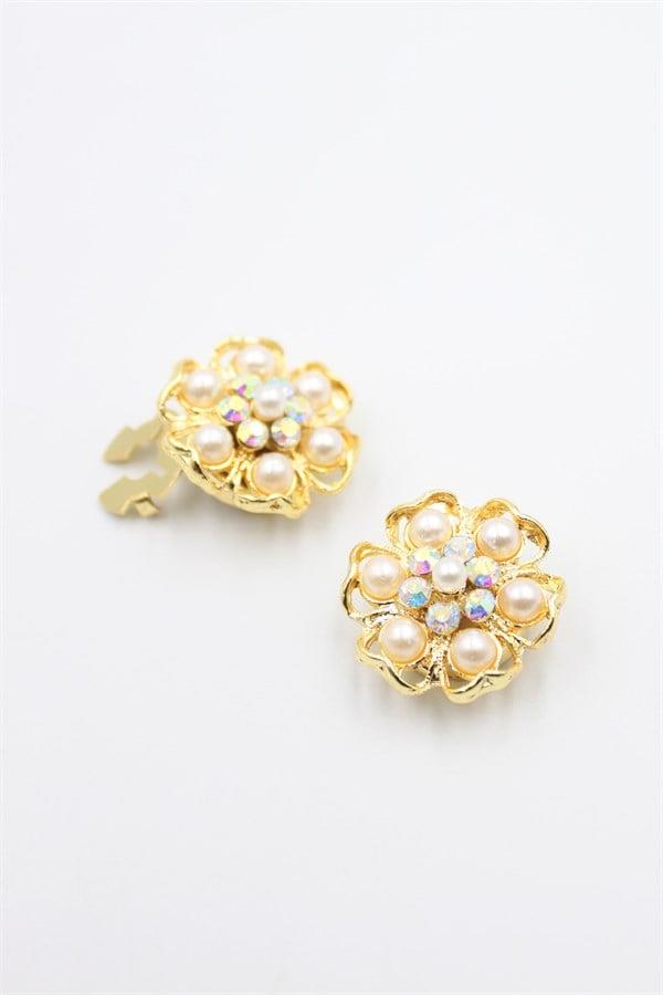 Taşlı Düğme Broşu - Altın