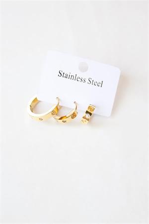 3lü Taşlı Çelik Halka Küpe - Altın