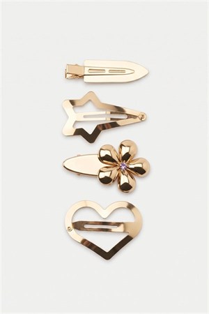 4lü Çiçekli Kalpli Metal Set Toka - Altın
