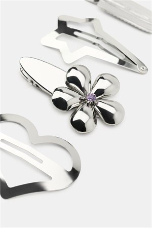 4lü Çiçekli Kalpli Metal Set Toka - Gümüş