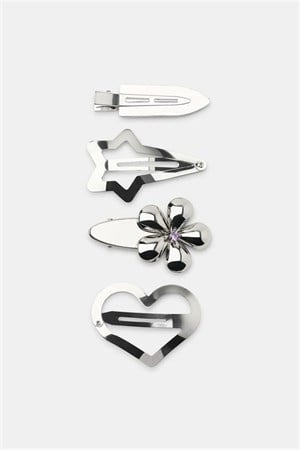 4lü Çiçekli Kalpli Metal Set Toka - Gümüş
