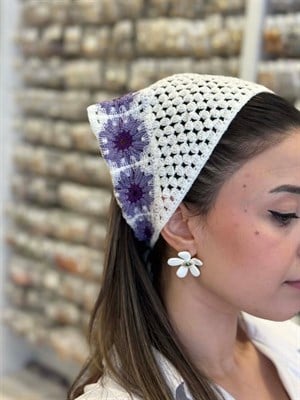 Çiçekli Örgü Bandana - Mor