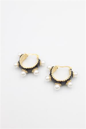 İncili Mineli Halka Küpe - Siyah