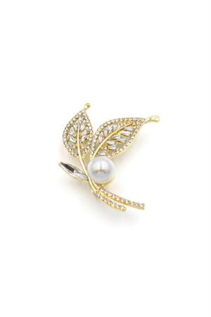 İncili Yaprak Broş - Altın