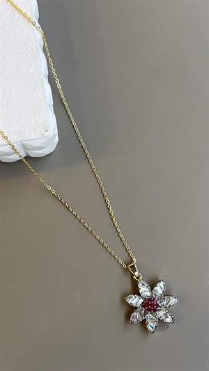 Taşlı Çiçek Kolye - Altın