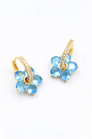 Taşlı Çiçek Küpe - Mavi