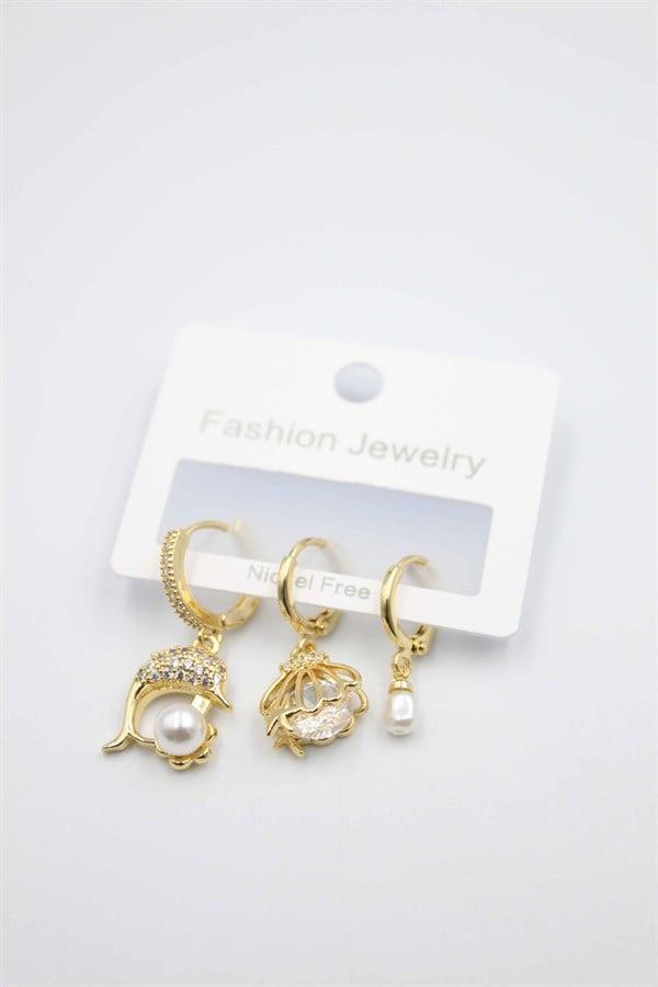 3'lü Yunus Balığı Küpe - Altın