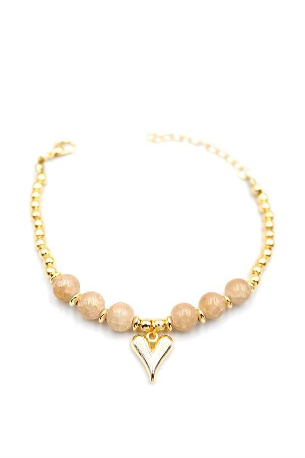 Boncuklu Kalp Bileklik - Krem