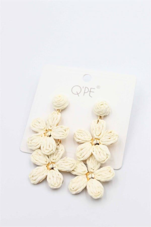 Hasır Çiçek Küpe - Krem