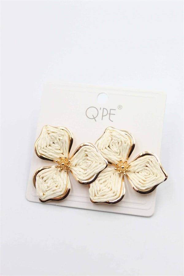 Hasır Çiçek Küpe - Krem