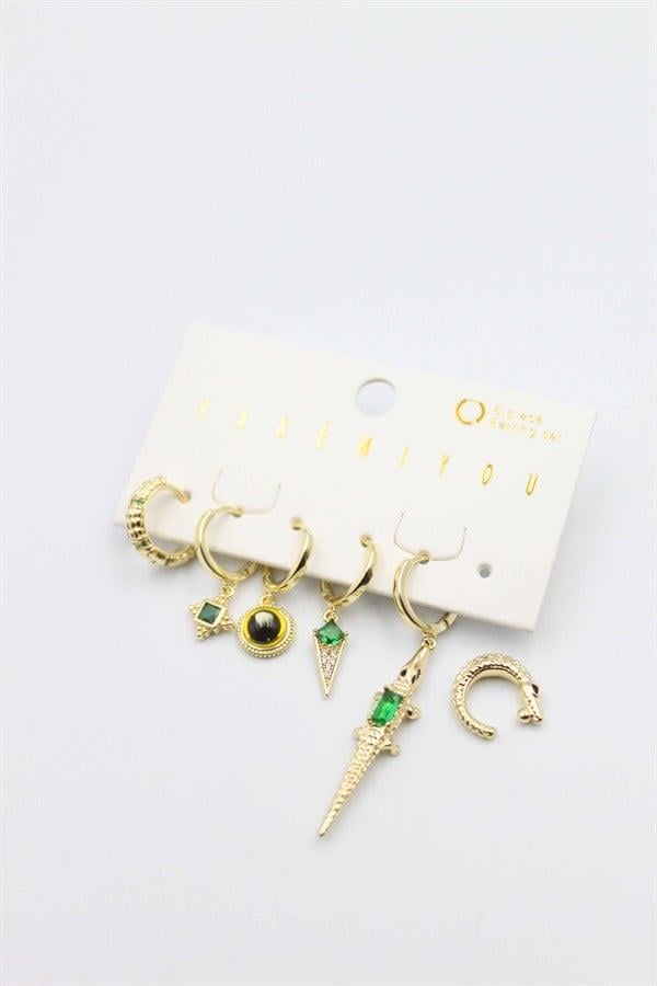 Renkli Taşlı Set Küpe - Altın