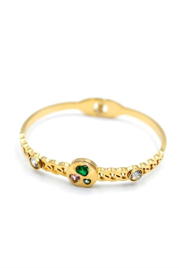 Taşlı Kalp Bilezik - Altın