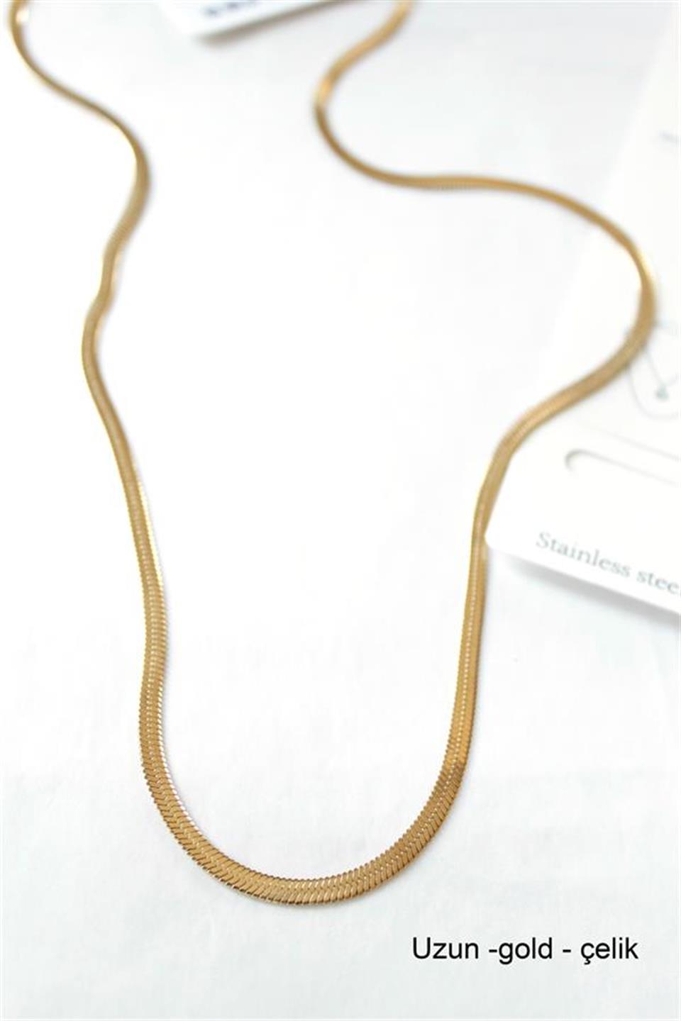 Uzun  İtalyan Çelik  Kolye - Altın