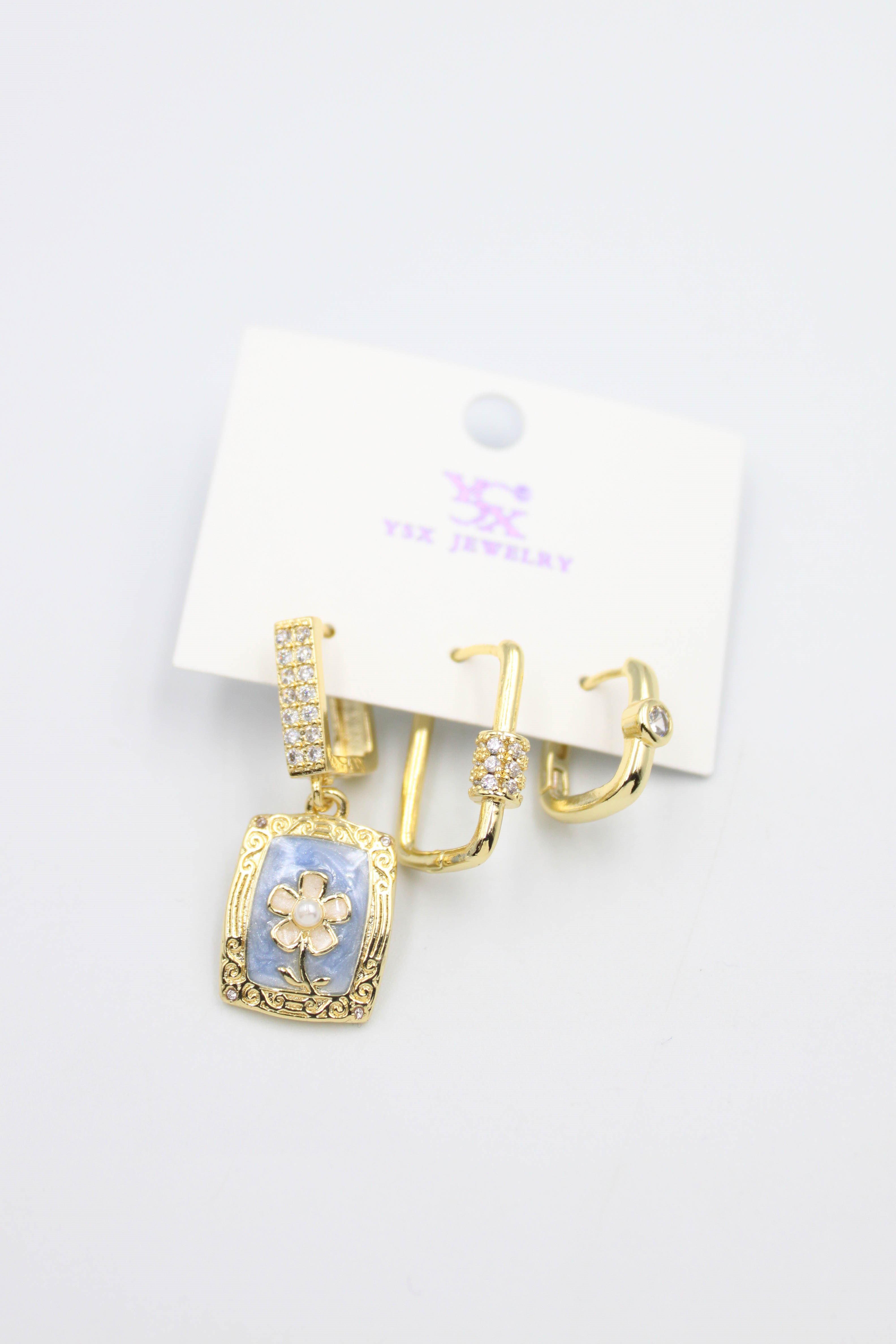 3'lü Taşlı Küpe - Mavi - Toptan Takı
