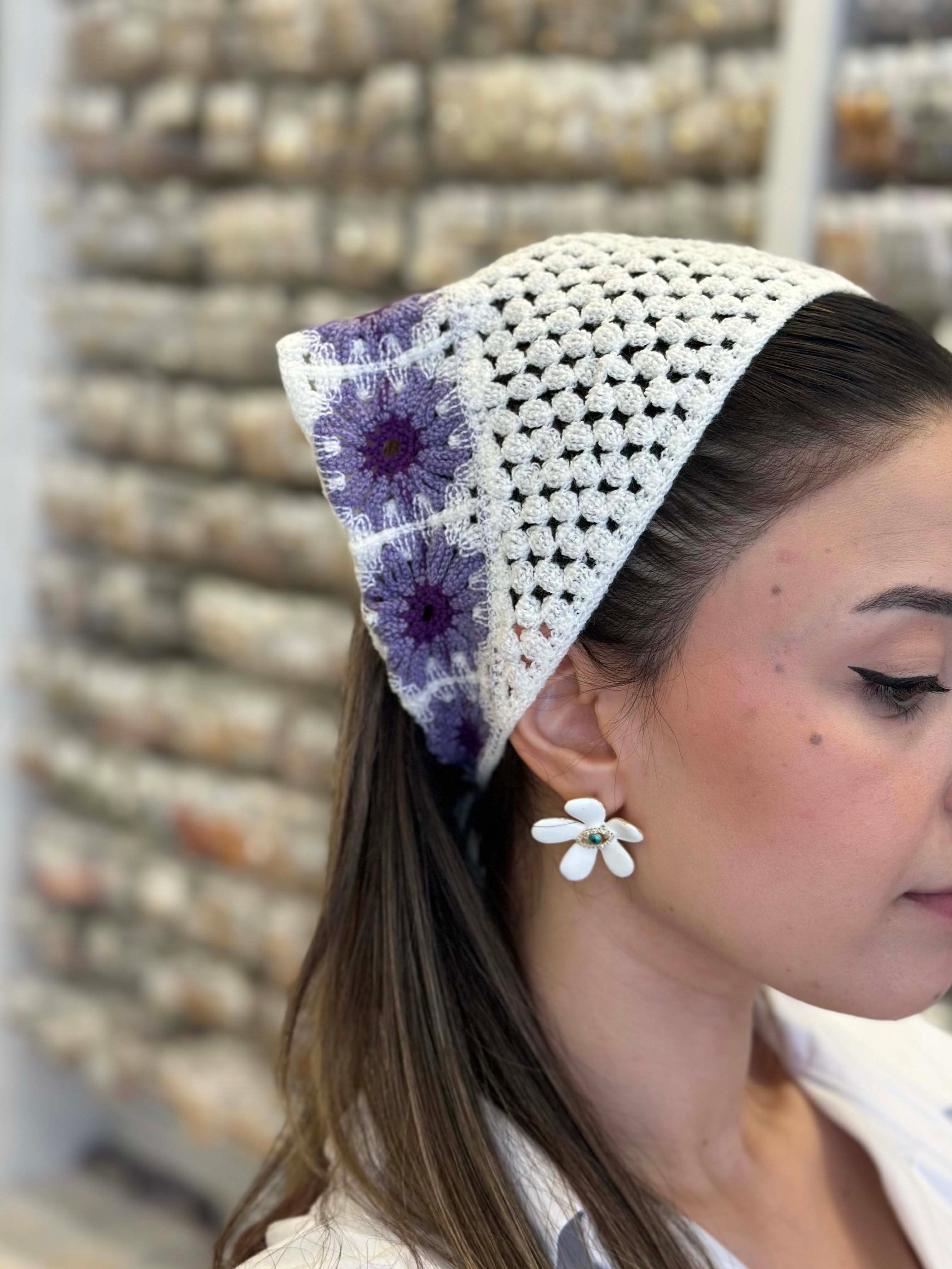 Çiçekli Örgü Bandana - Mor - Toptan Takı