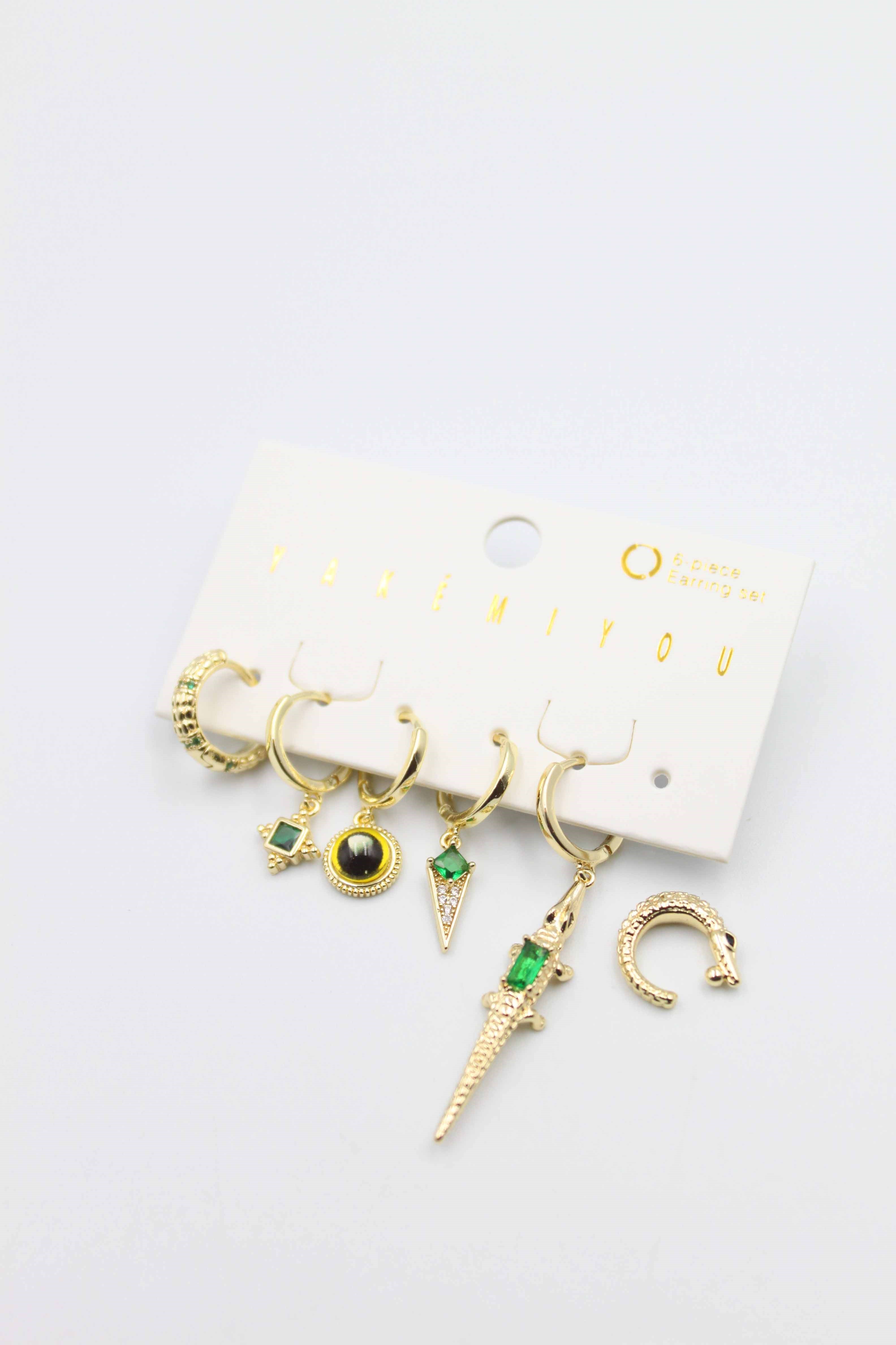 Renkli Taşlı Set Küpe - Altın - Toptan Takı