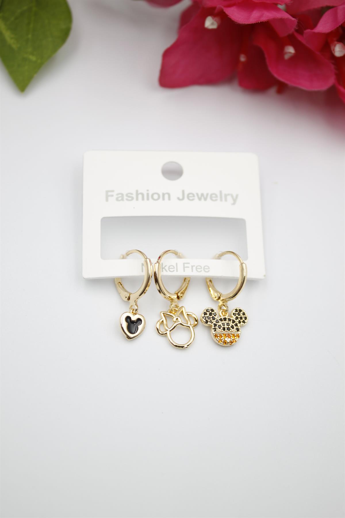 3'lü Mickey Fare Set  Küpe - Altın