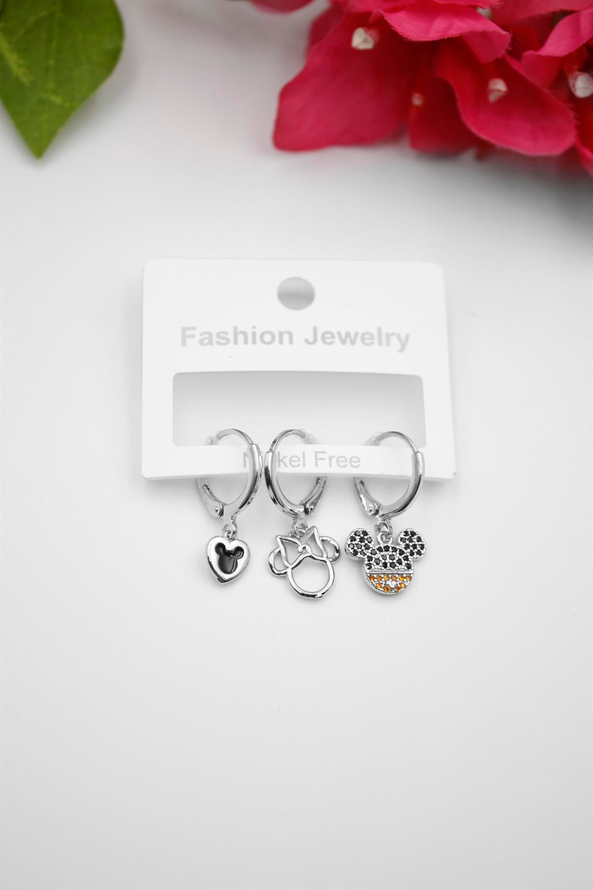 3'lü Mickey Fare Set  Küpe - Gümüş