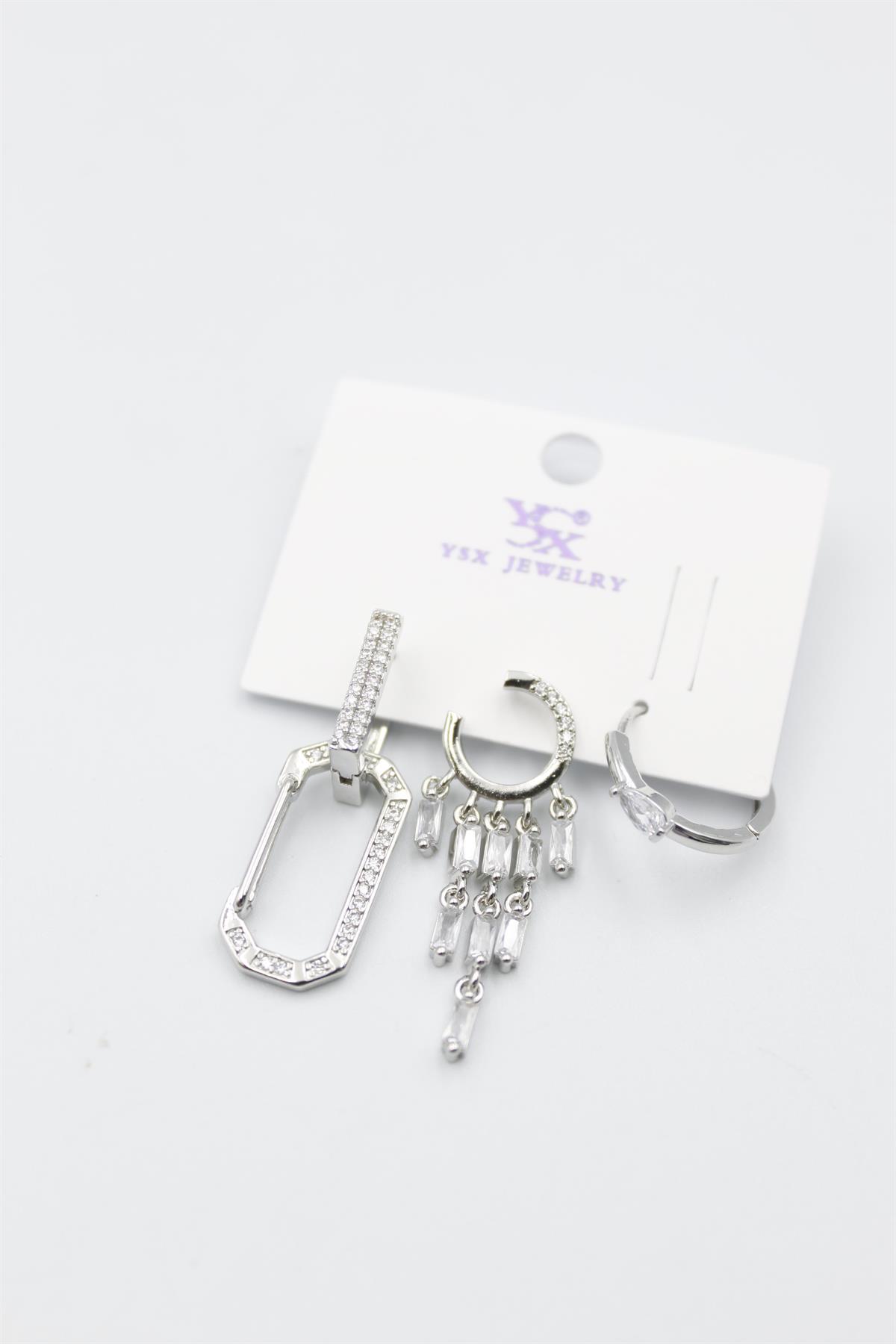 3'lü Taşlı Set Küpe - Gümüş
