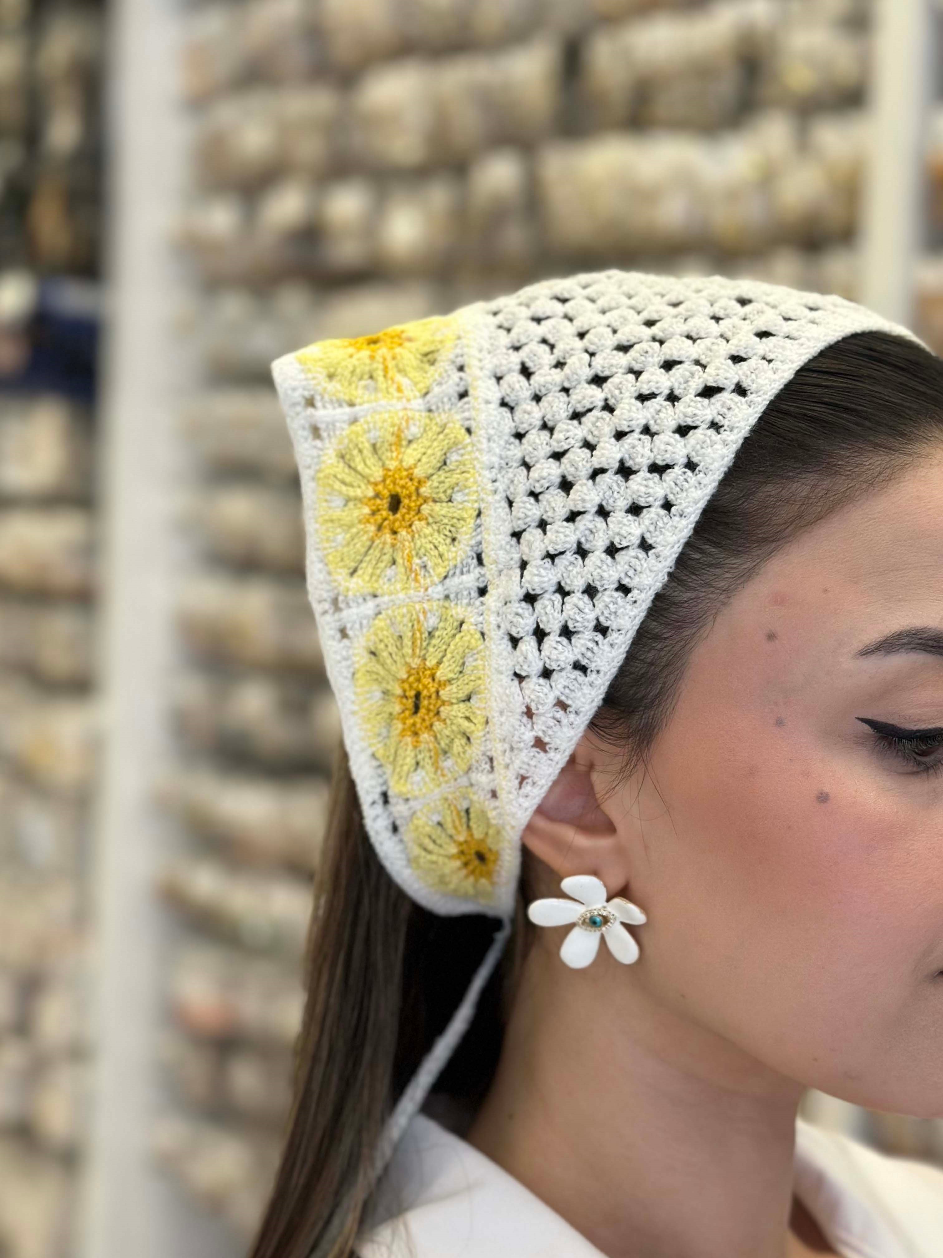 Çiçekli Örgü Bandana - Sarı - Toptan Takı