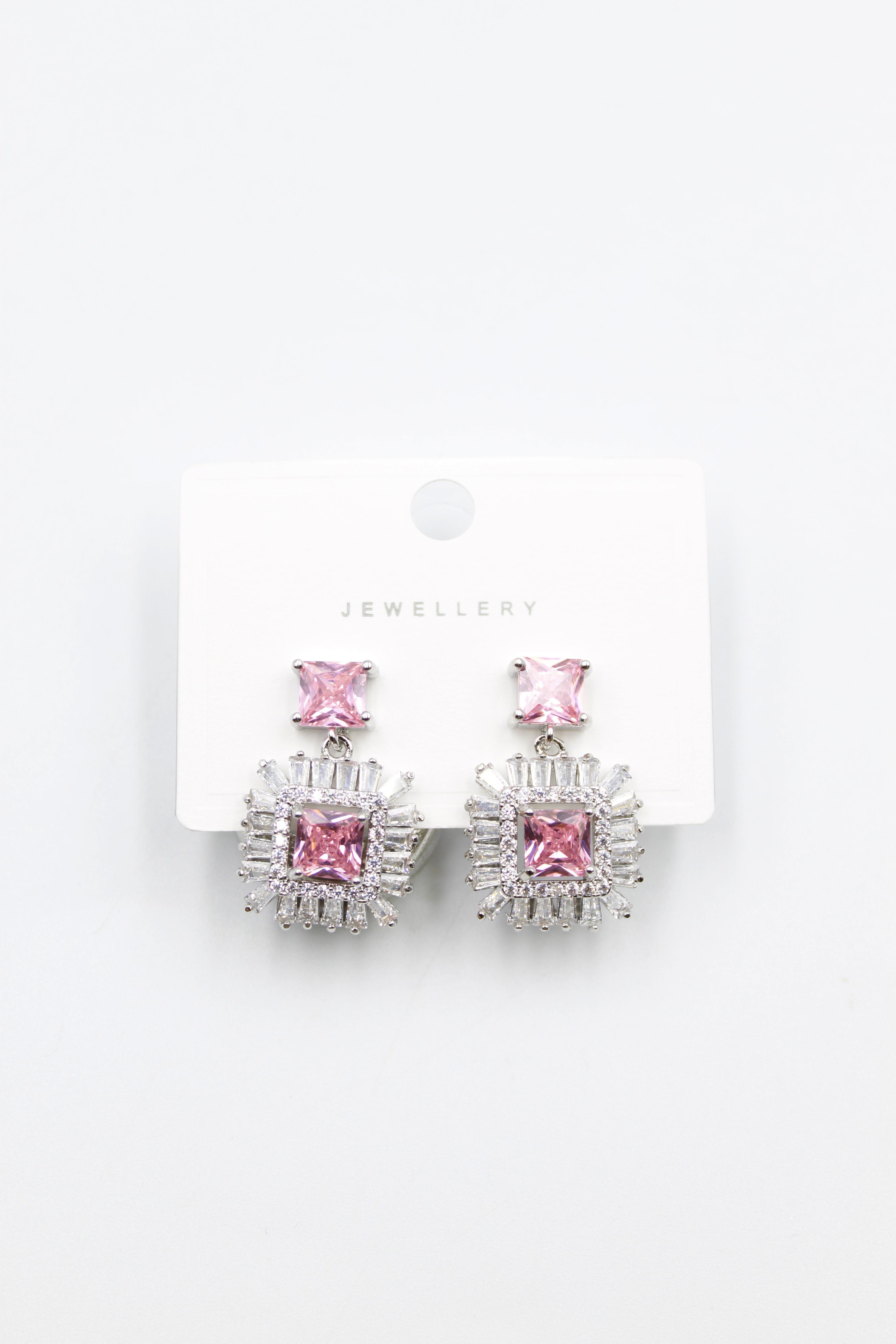 Kare Taşlı Küpe - Pembe