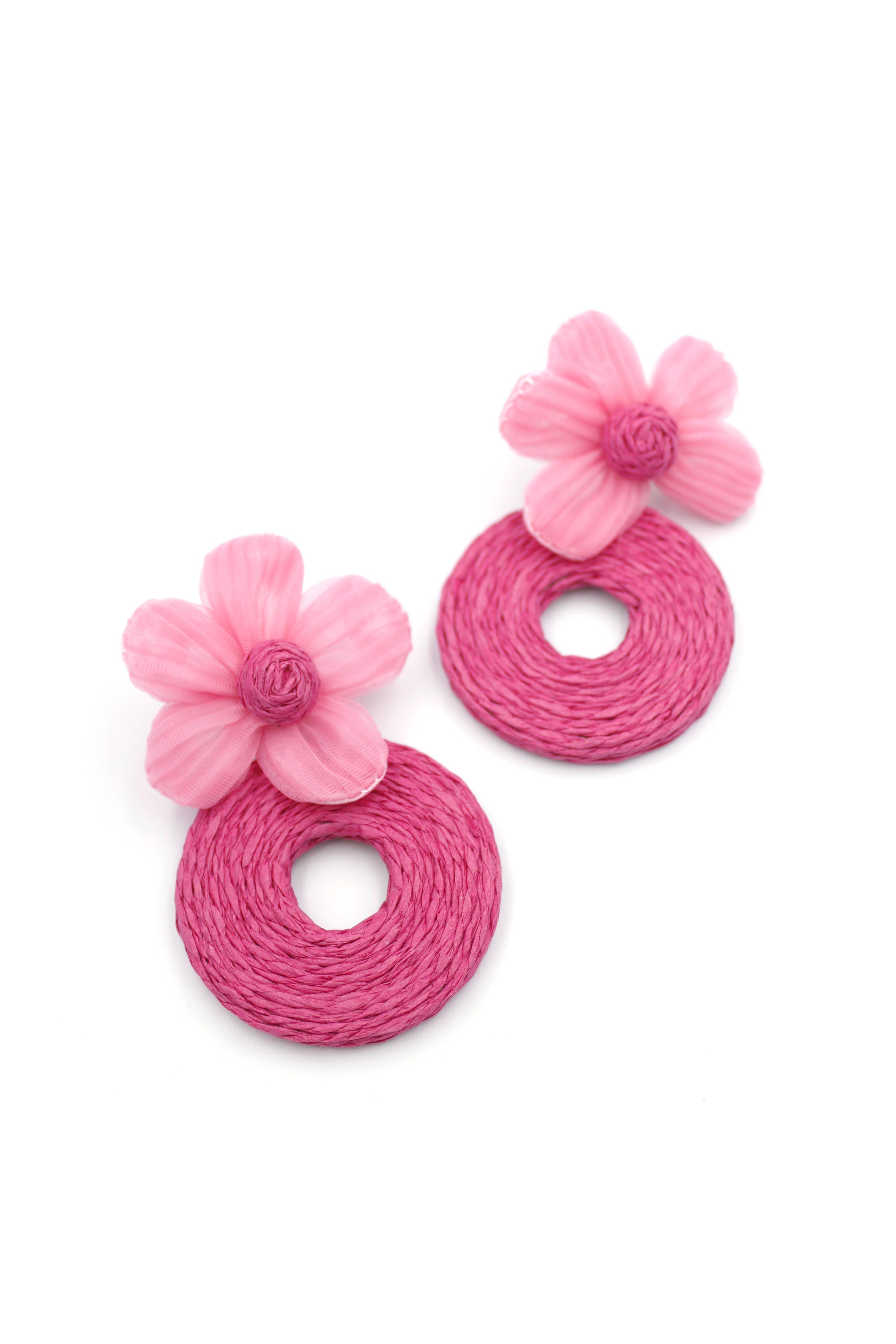 Lotus Halkalı Hasır Küpe - Pembe
