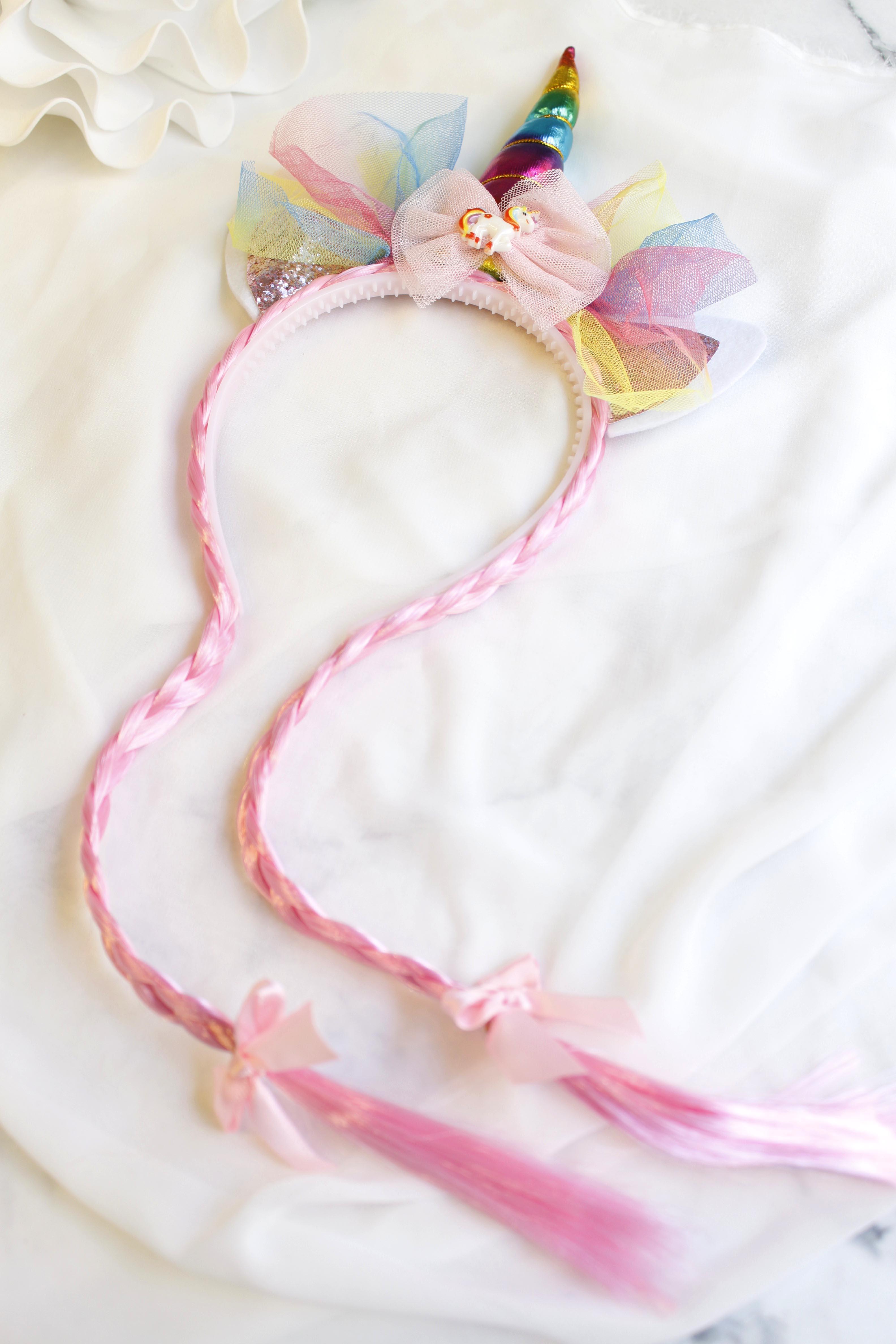 Örgü Saçlı Unicorn Taç - Pembe