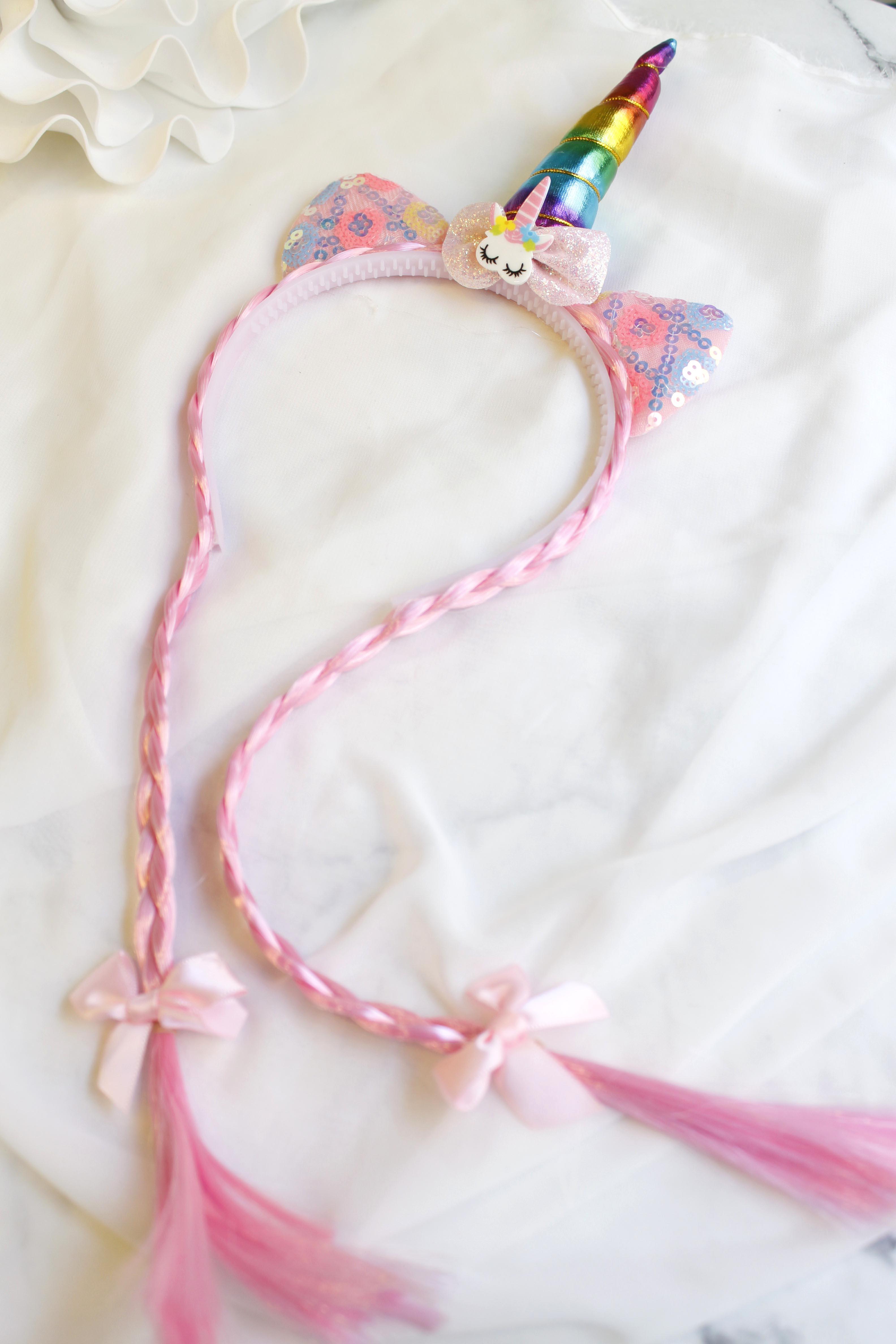Örgü Saçlı Unicorn Taç - Pembe