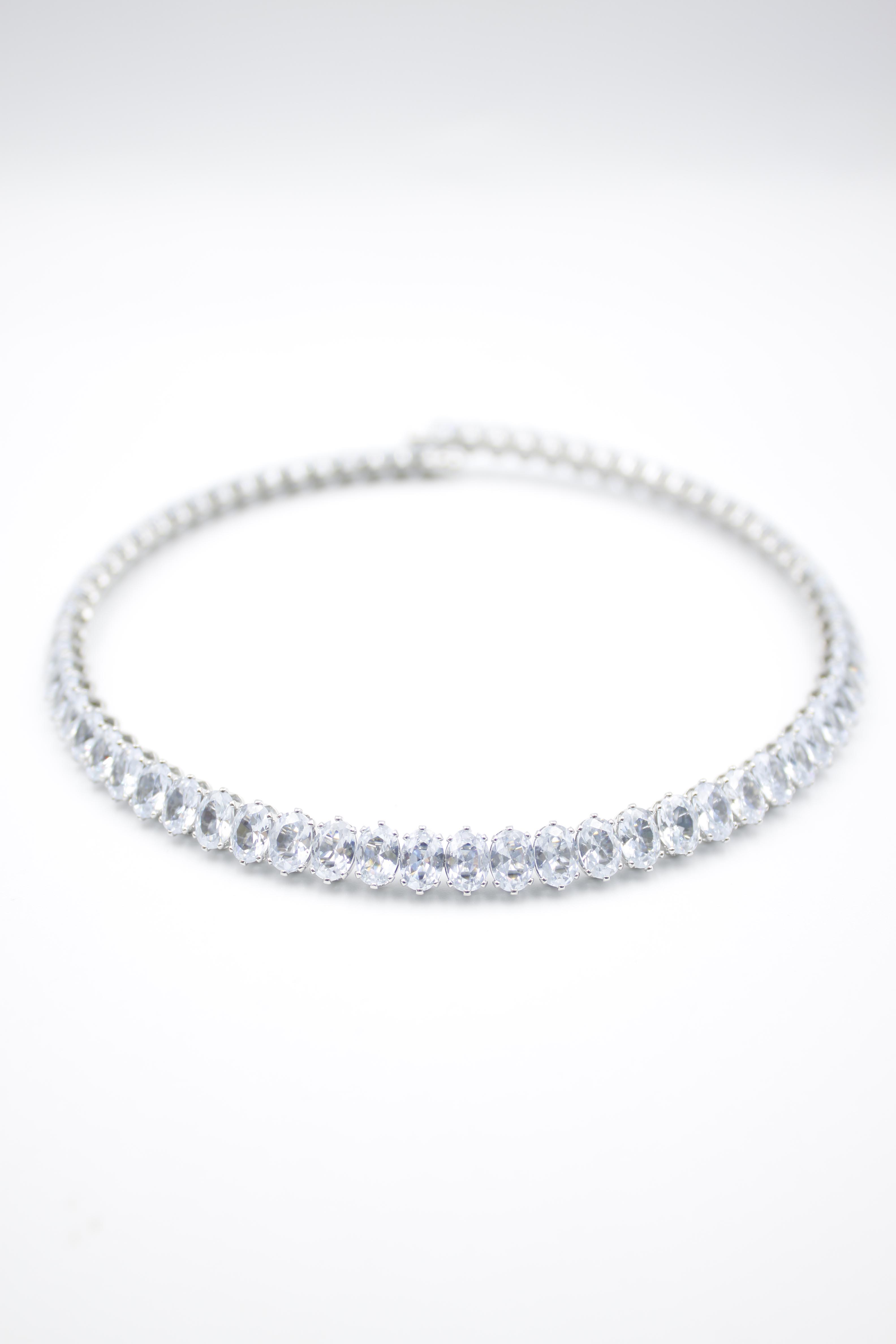 Oval Taşlı Tasma Kolye - Gümüş
