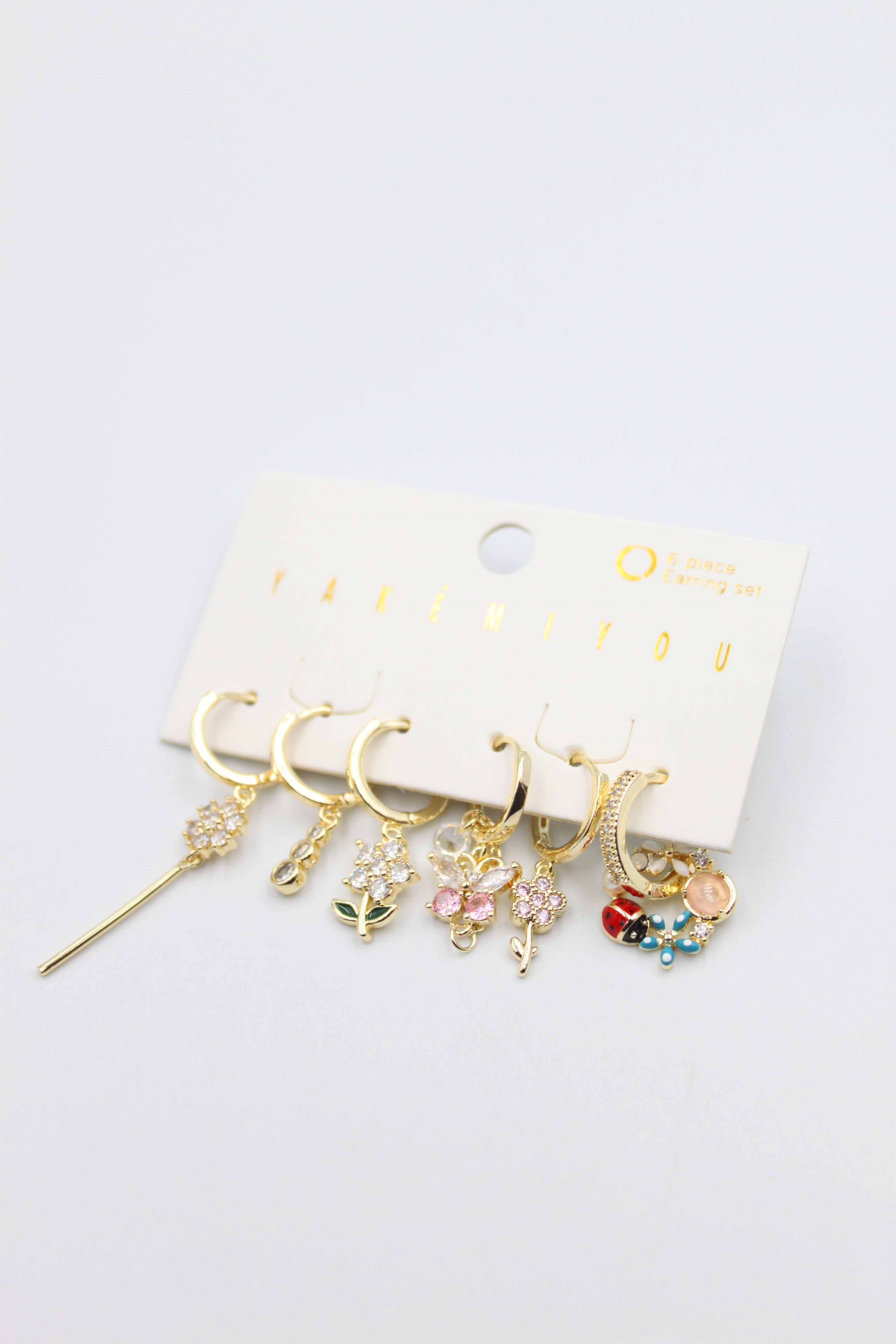 Renkli Taşlı Set Küpe - Altın - Toptan Takı