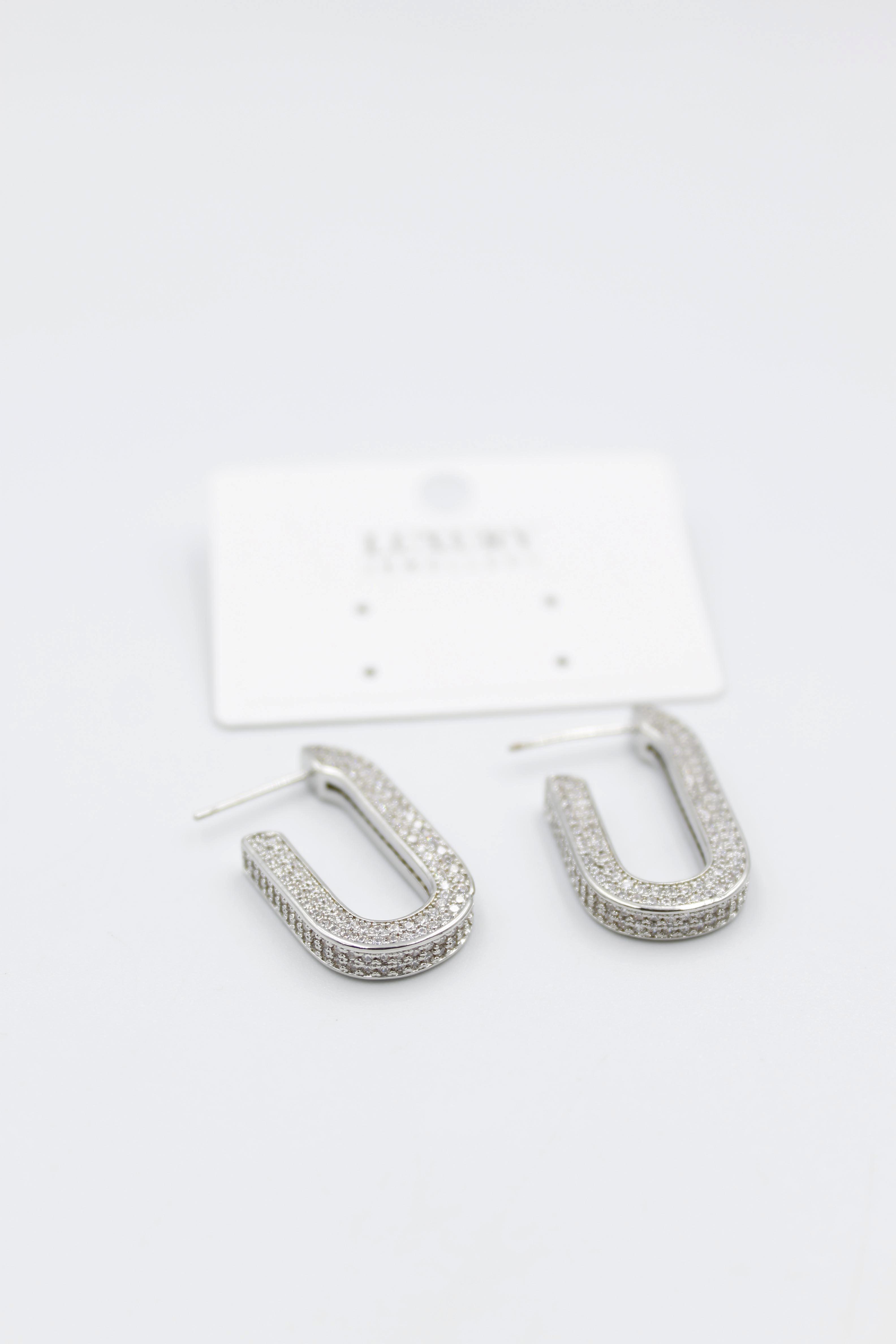 Zirkon Taşlı Oval Halka Küpe - Gümüş