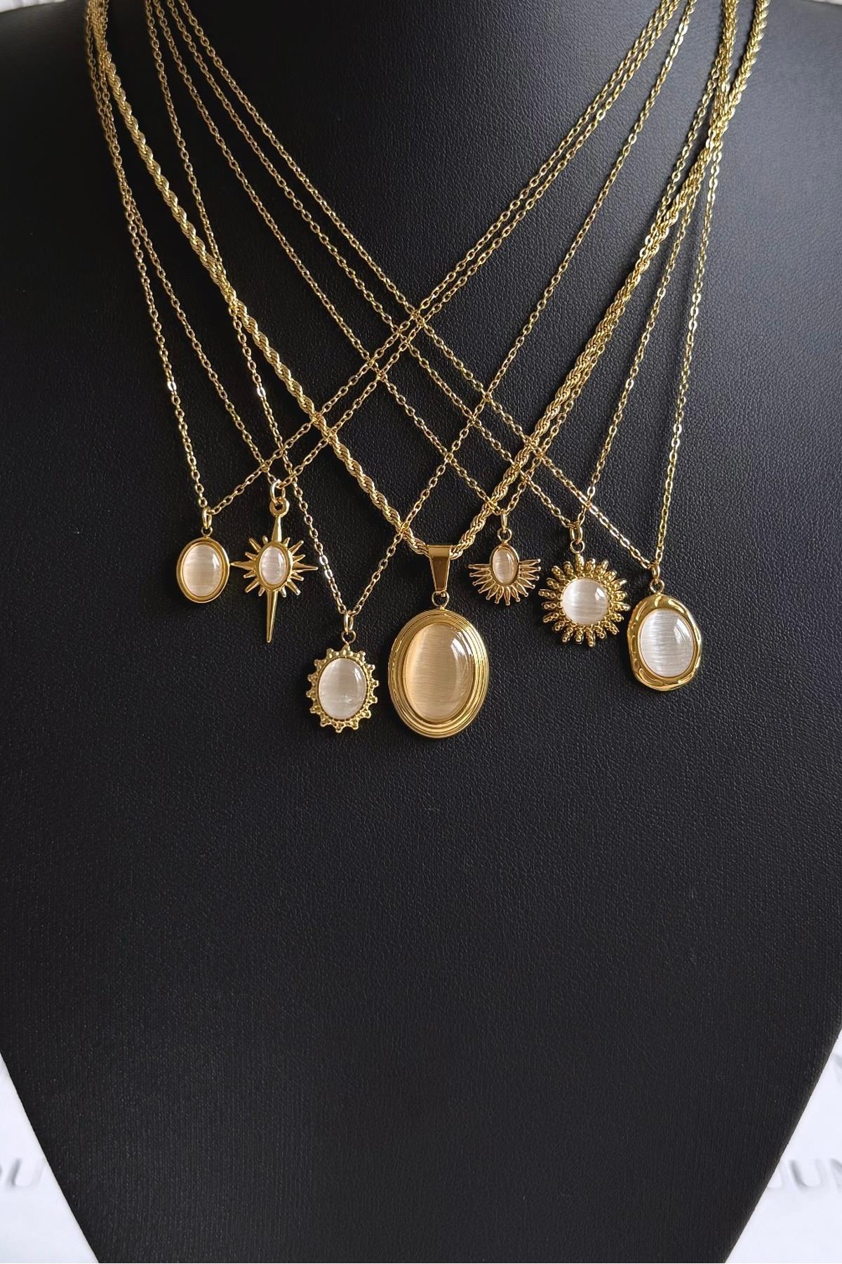 Gold Çelik Bej Oval Taşlı Vintage Burgu Kolye