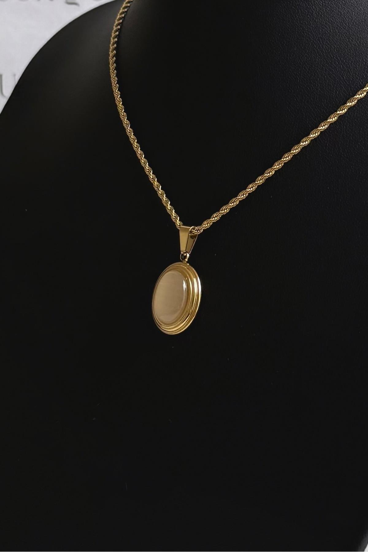 Gold Çelik Bej Oval Taşlı Vintage Burgu Kolye