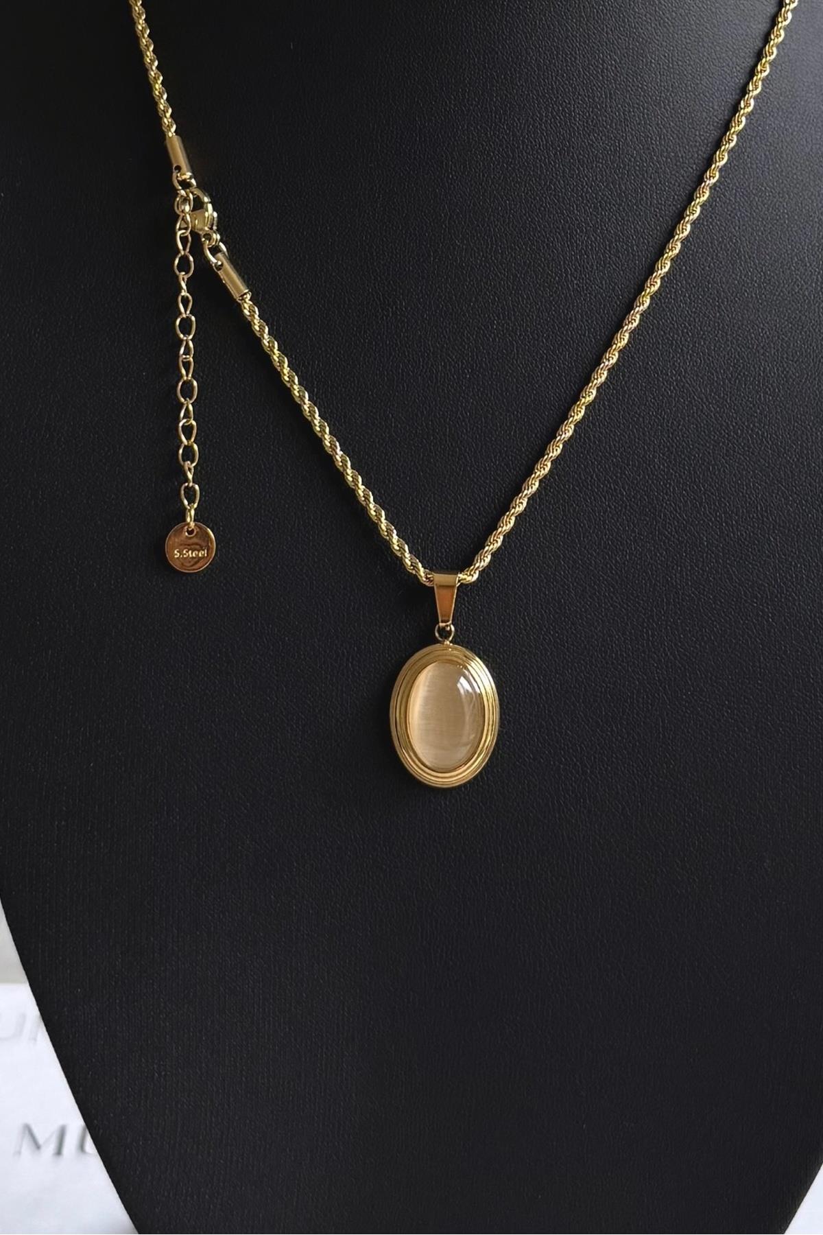 Gold Çelik Bej Oval Taşlı Vintage Burgu Kolye