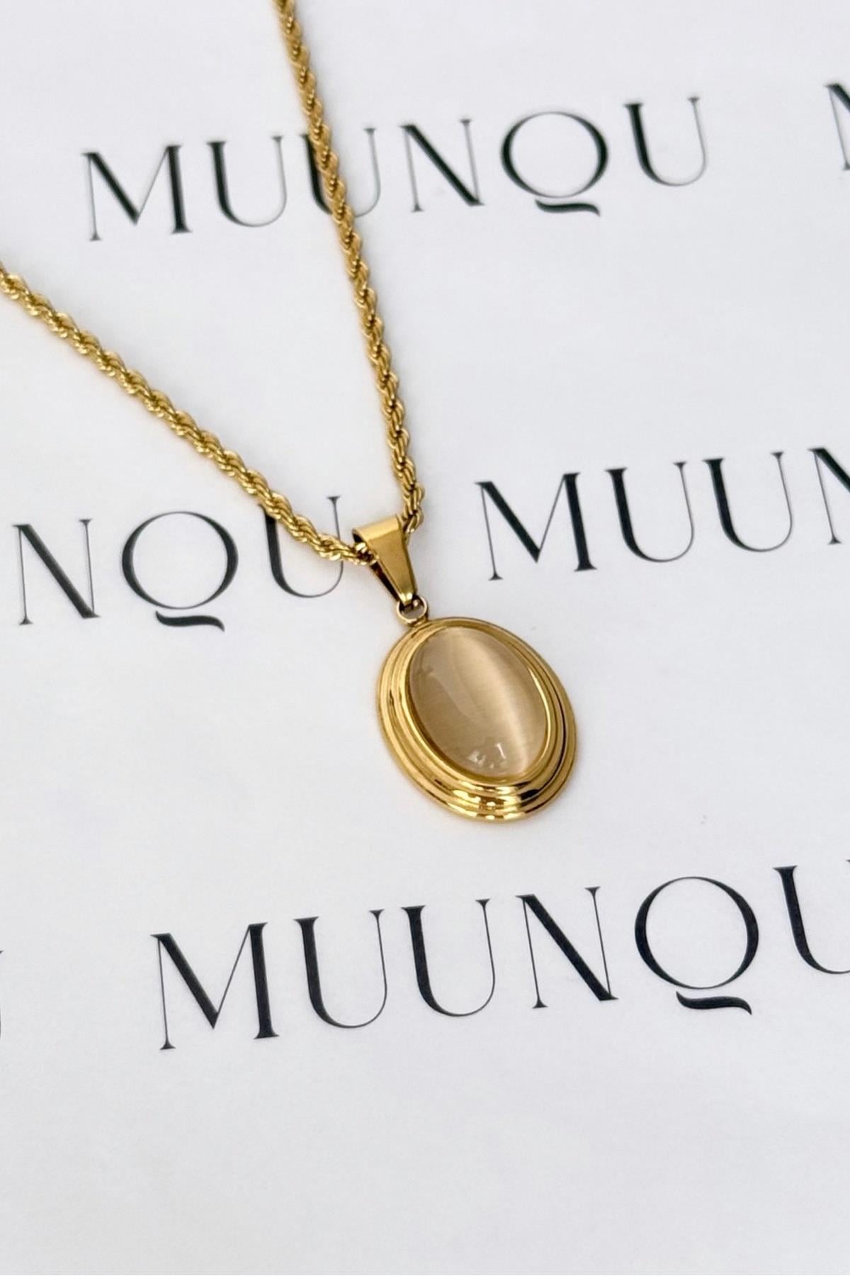 Gold Çelik Bej Oval Taşlı Vintage Burgu Kolye