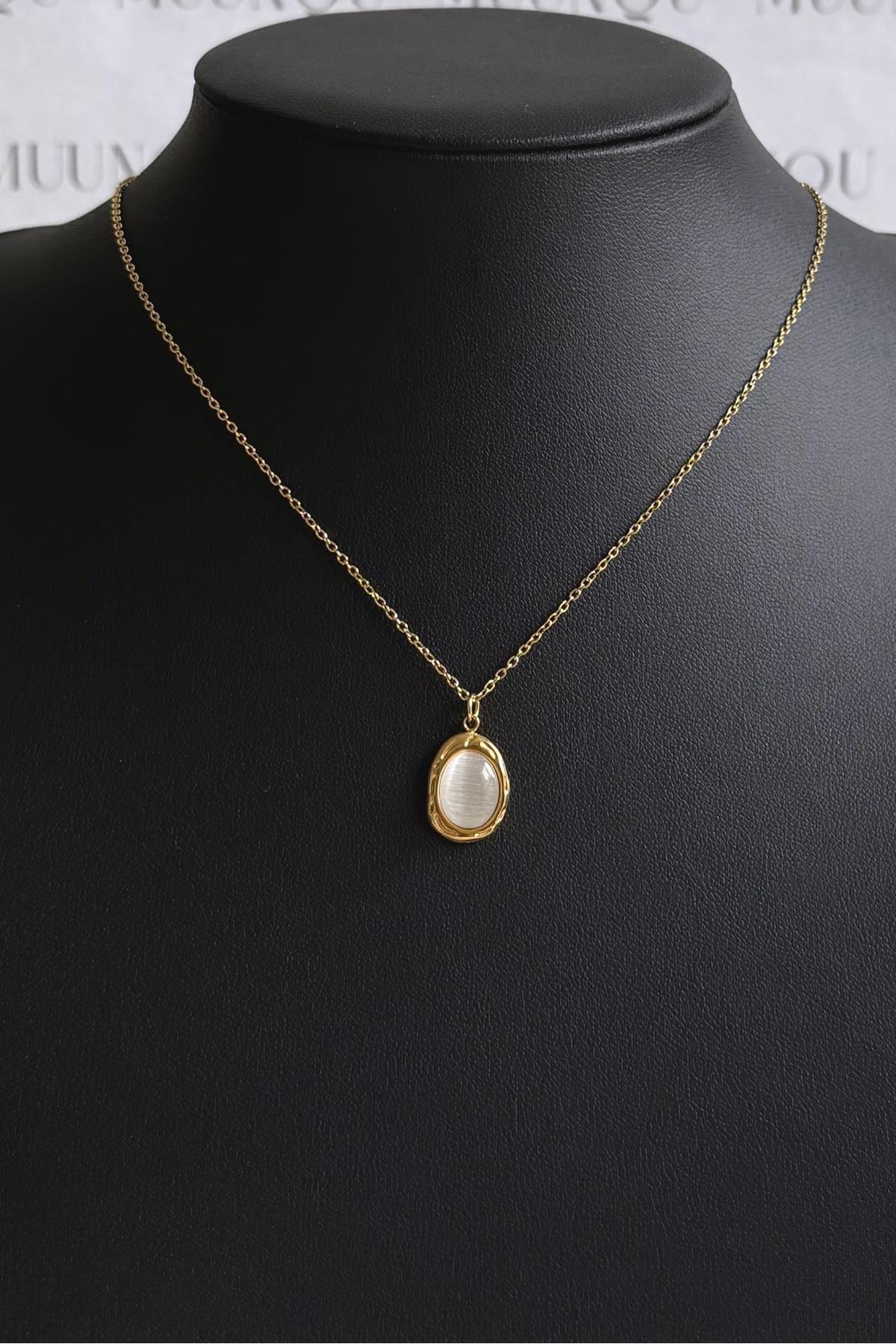 Gold Çelik Bej Taşlı Asimetrik Vintage Kolye