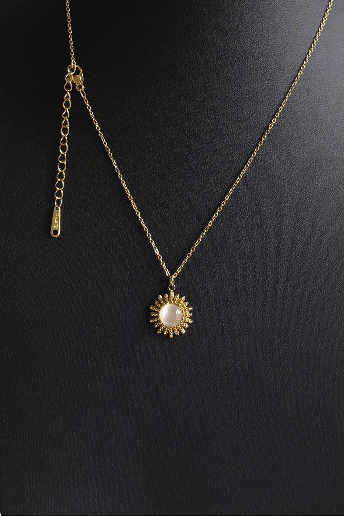Gold Çelik Bej Taşlı Güneş Vintage Kolye