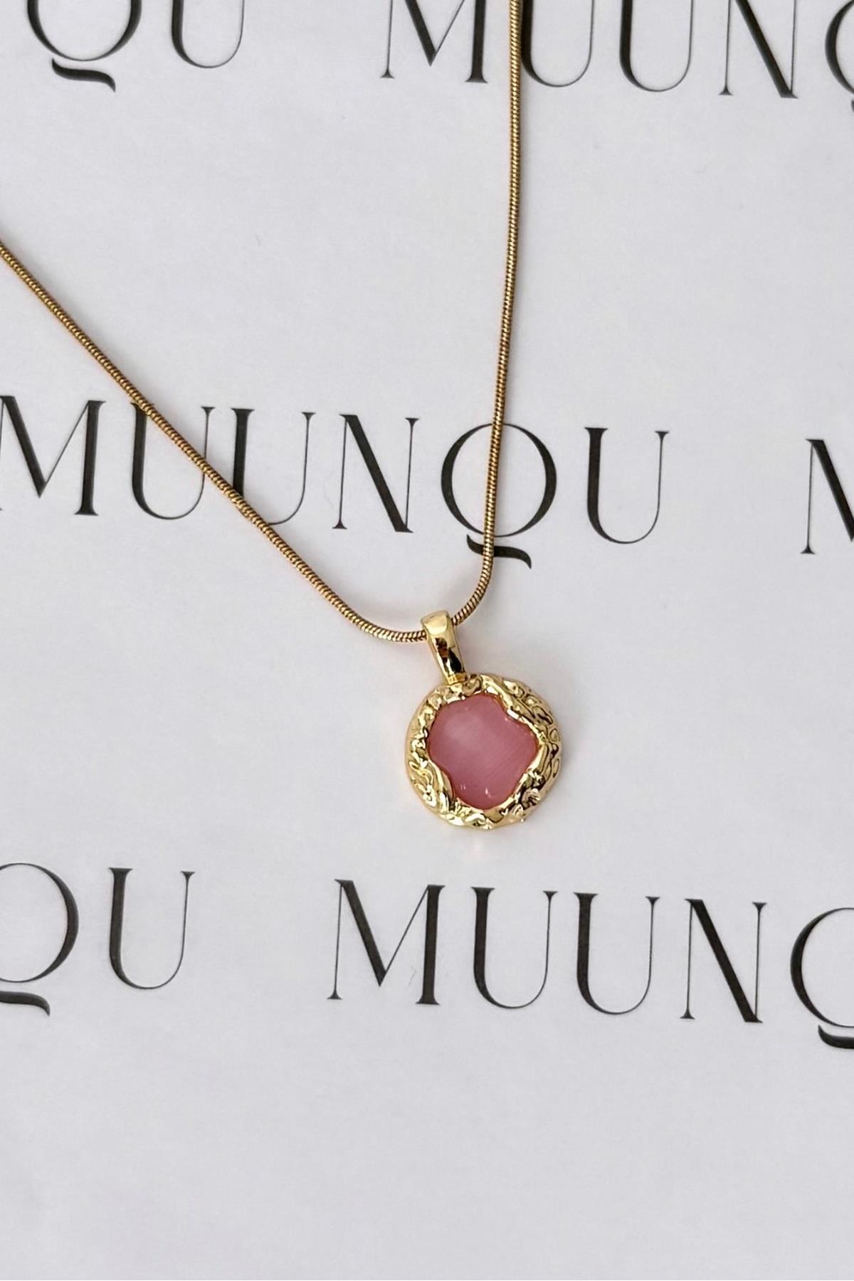 Gold Çelik Pembe Taşlı Asimetrik Vintage Kolye