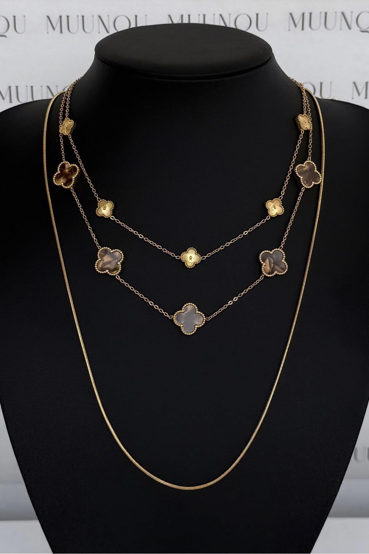 Gold Kahve Çelik Çift Taraflı VC Model Yonca Kolye