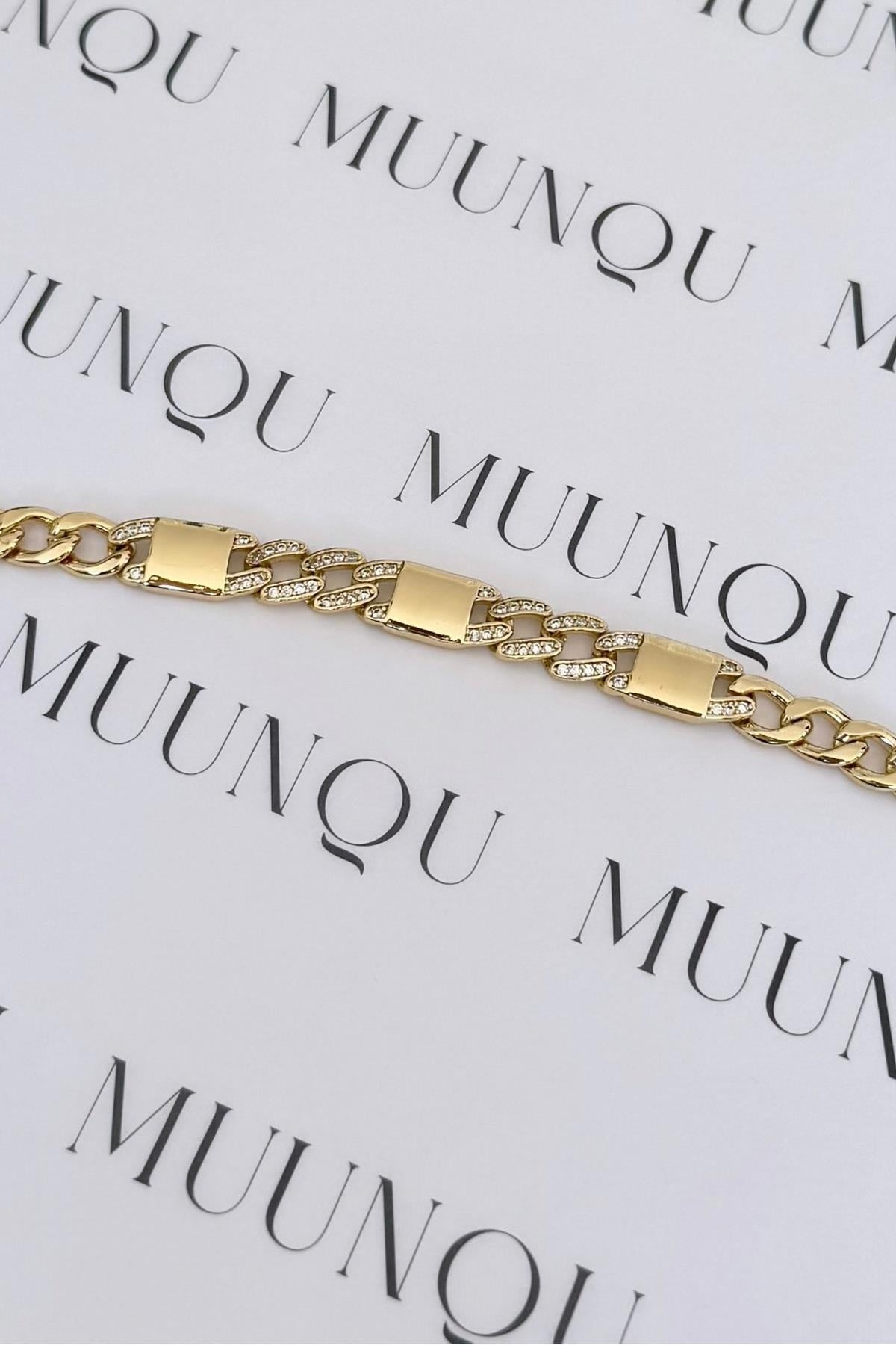 Özel Döküm Gold Taşlı Plaka Eni 6mm Zincir Bileklik