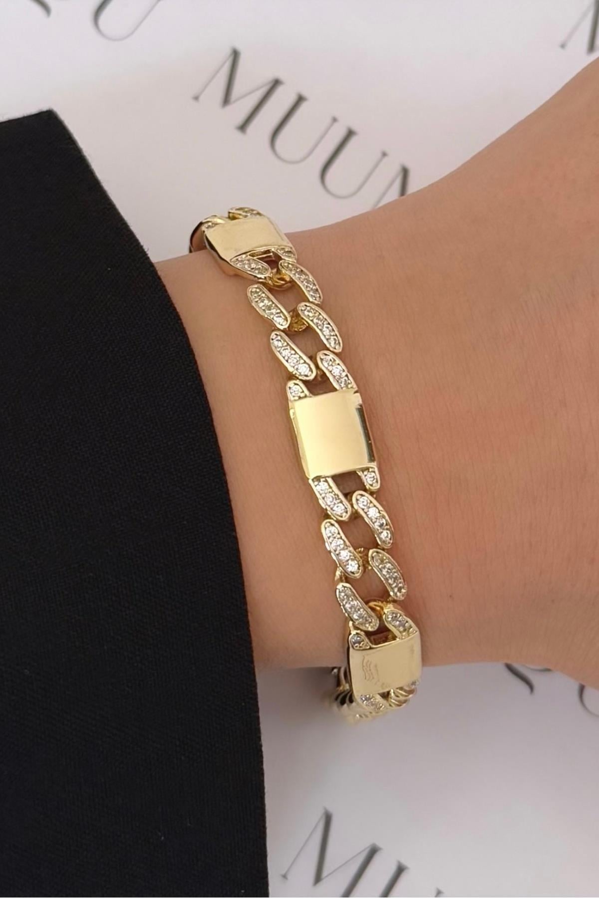 Özel Döküm Gold Taşlı Plaka Eni 6mm Zincir Bileklik