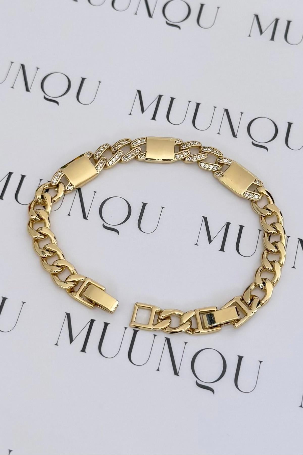 Özel Döküm Gold Taşlı Plaka Eni 6mm Zincir Bileklik