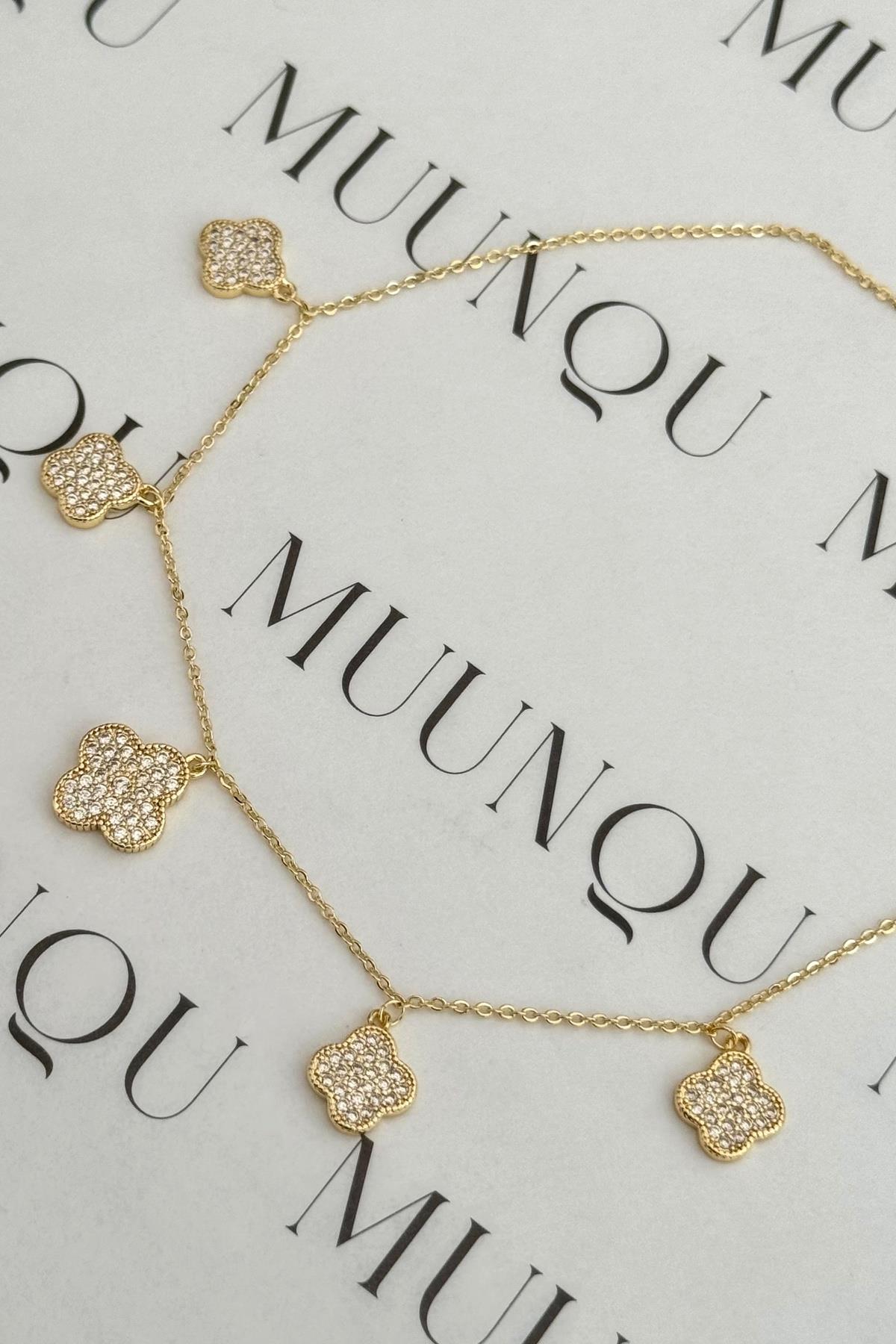 Özel Gold A.K. Taşlı Ayarlanabilir Mini VC Model Yonca Choker/Kolye