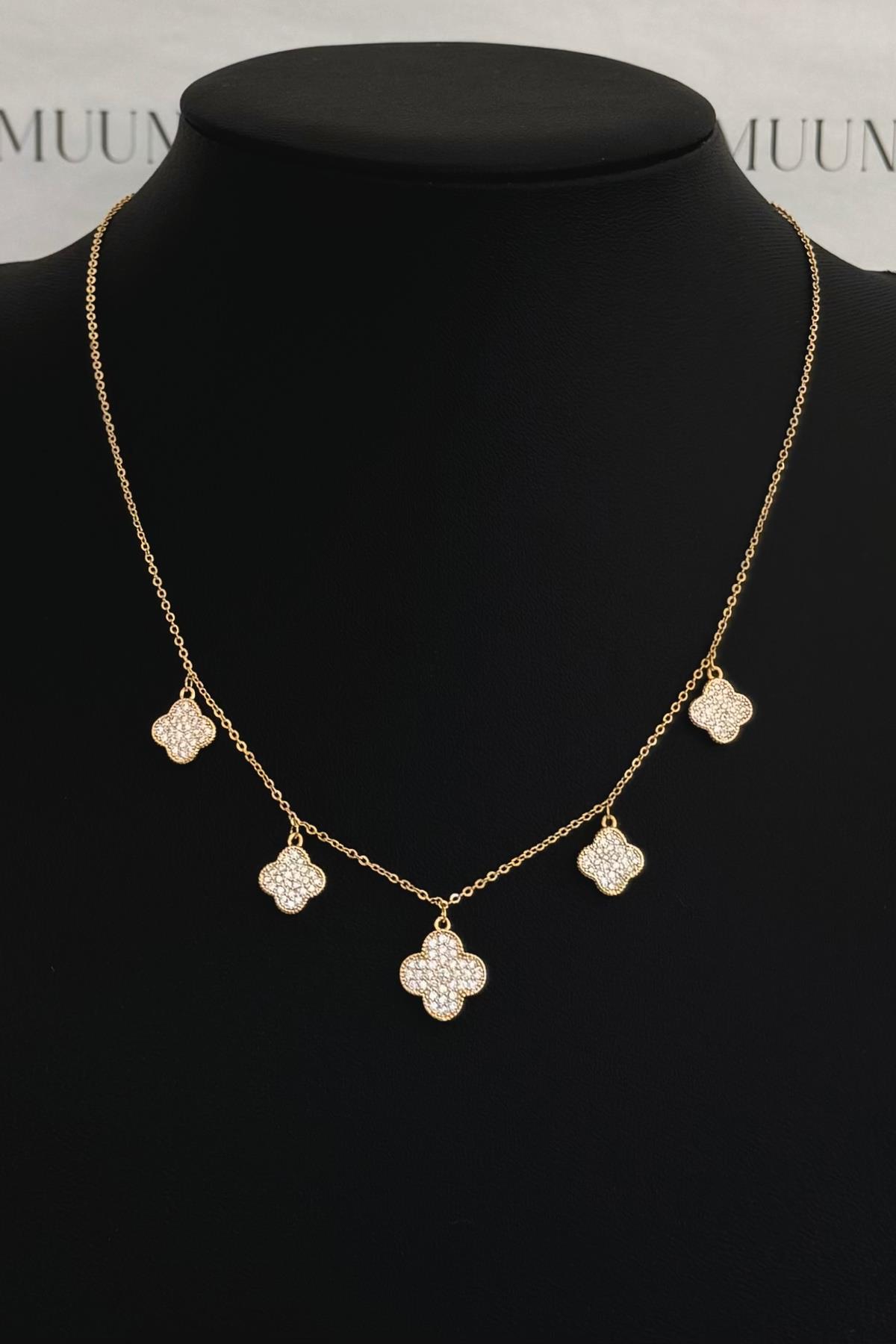 Özel Gold A.K. Taşlı Ayarlanabilir Mini VC Model Yonca Choker/Kolye