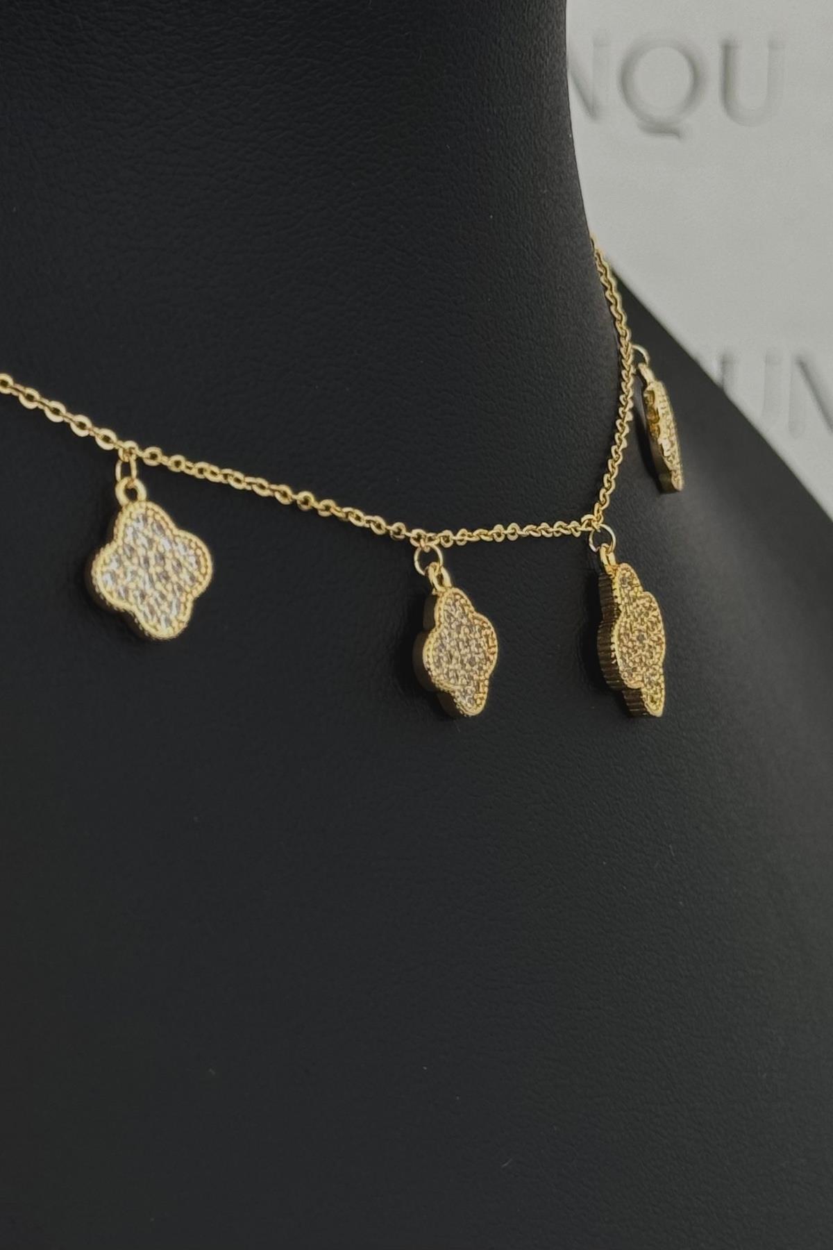 Özel Gold A.K. Taşlı Ayarlanabilir Mini VC Model Yonca Choker/Kolye