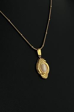 Gold Çelik Bej Sedef Taşlı Vintage Kolye