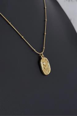 Gold Çelik Gül Motifli Oval Kolye
