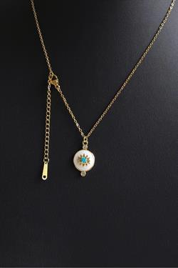 Gold Çelik Mavi Beyaz Göz Motif Kolye